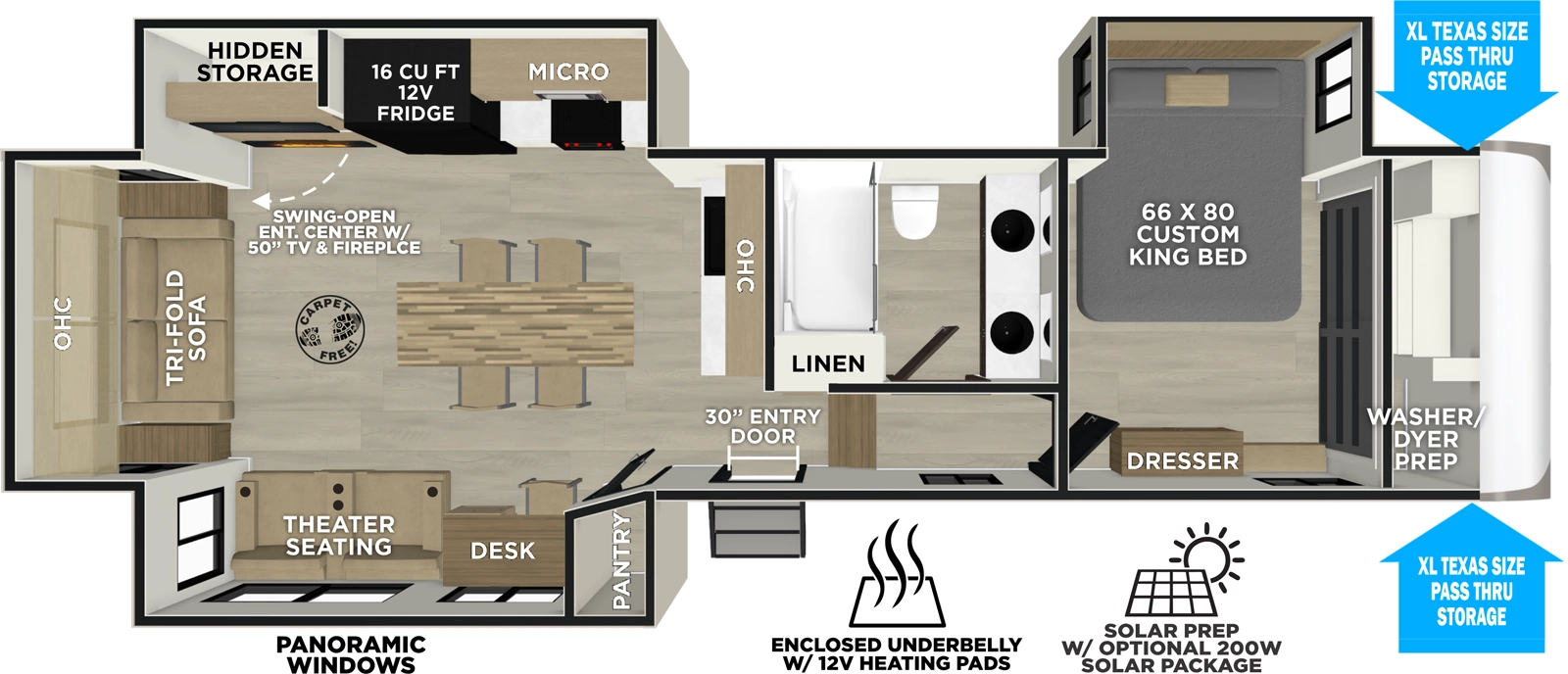 The Hemisphere Fifth Wheels 321DRL floorplan has one entry and three slide outs. Exterior features include: fiberglass exterior. Interiors features include: kitchen island, front bedroom and rear living.